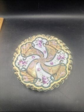 Antique Porcelain Bread Plate Green Gold Gilt Moriage Scalloped 6.25 inch Deco
